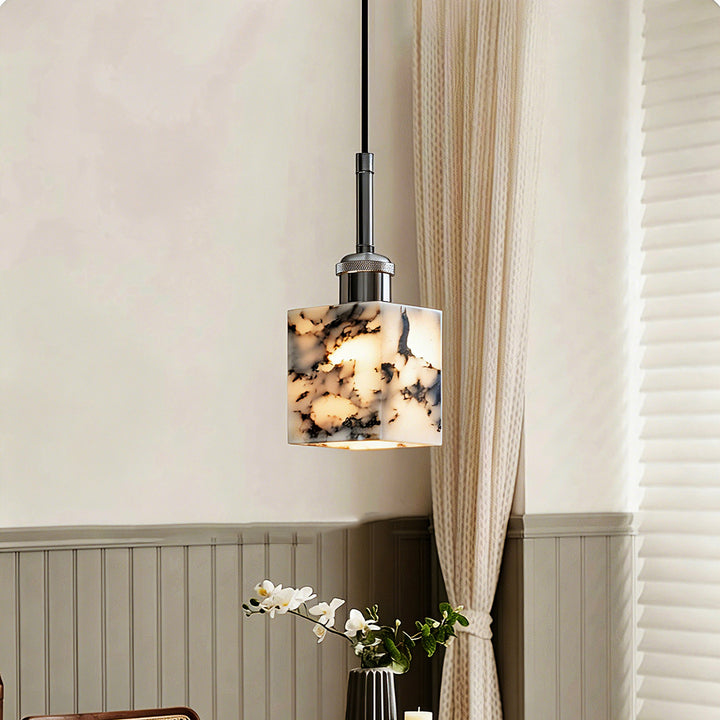 Traditional French Square Marble Iron 1-Light Pendant Light For Living Room