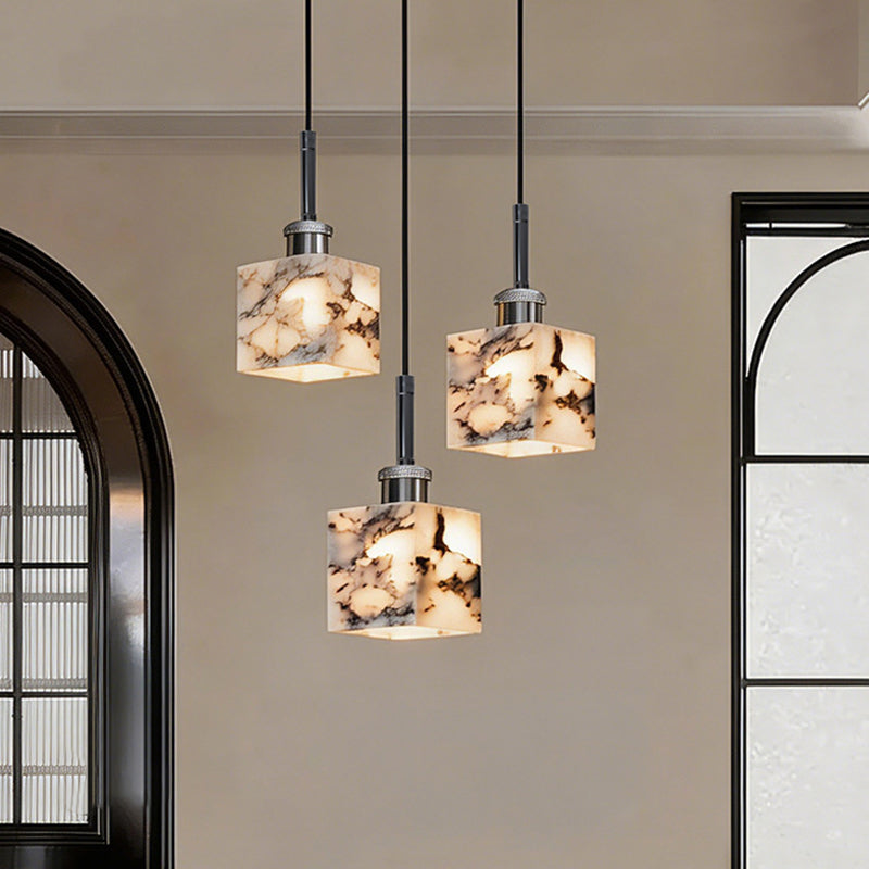 Traditional French Square Marble Iron 1-Light Pendant Light For Living Room