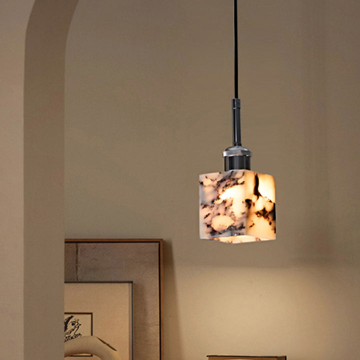 Traditional French Square Marble Iron 1-Light Pendant Light For Living Room