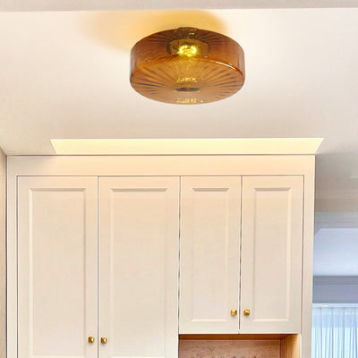 Traditional Rustic Iron Glass Round LED Semi-Flush Mount Ceiling Light For Living Room Or Bedroom