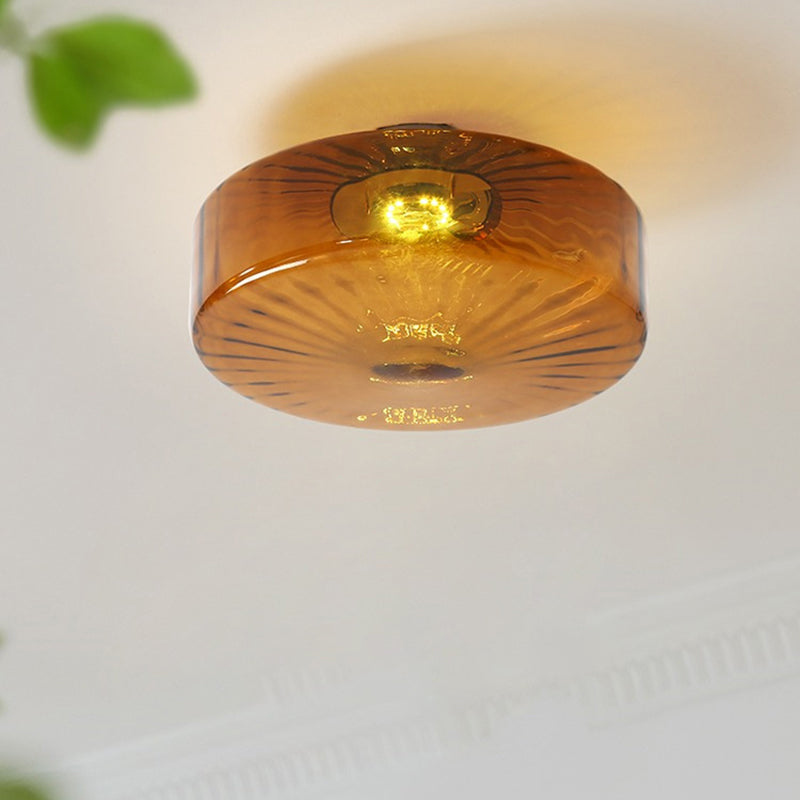 Traditional Rustic Iron Glass Round LED Semi-Flush Mount Ceiling Light For Living Room Or Bedroom
