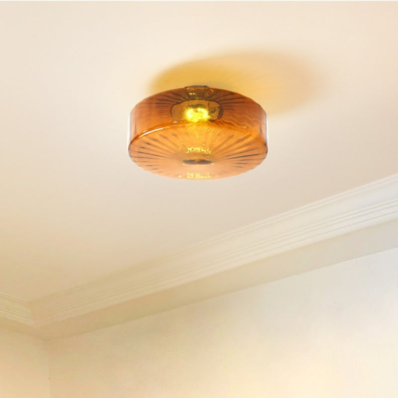 Traditional Rustic Iron Glass Round LED Semi-Flush Mount Ceiling Light For Living Room Or Bedroom