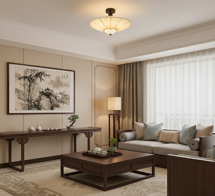 Traditional Chinese Round Hardware Fabric Crystal 3/4-Light Semi-Flush Mount Ceiling Light For Bedroom
