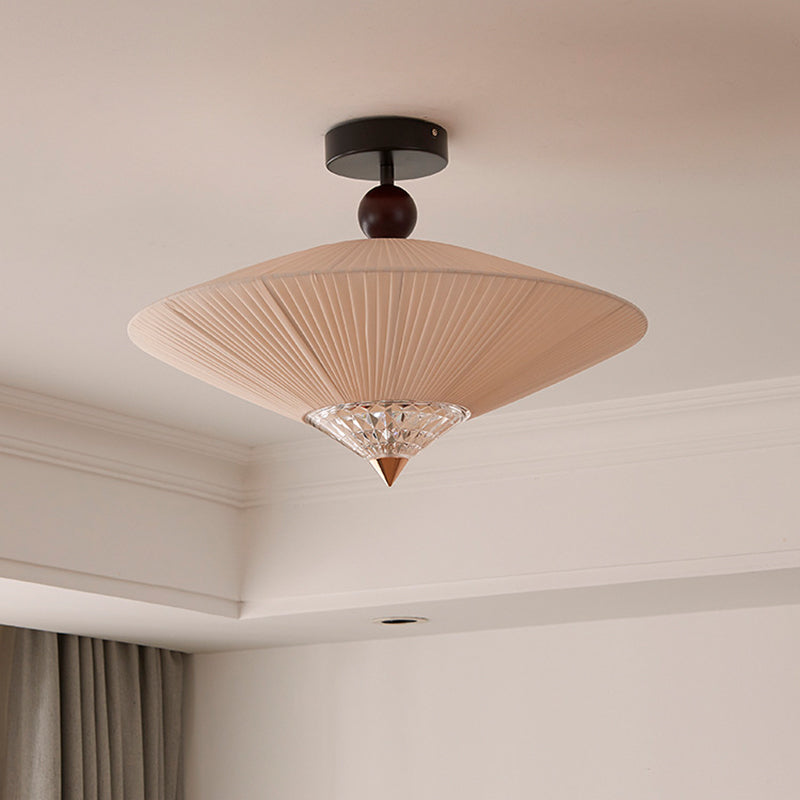 Traditional Chinese Round Hardware Fabric Crystal 3/4-Light Semi-Flush Mount Ceiling Light For Bedroom