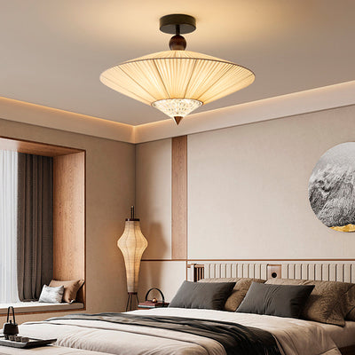 Traditional Chinese Round Hardware Fabric Crystal 3/4-Light Semi-Flush Mount Ceiling Light For Bedroom