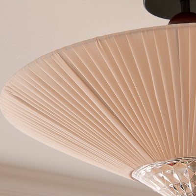 Traditional Chinese Round Hardware Fabric Crystal 3/4-Light Semi-Flush Mount Ceiling Light For Bedroom