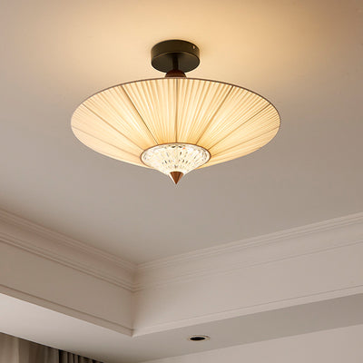 Traditional Chinese Round Hardware Fabric Crystal 3/4-Light Semi-Flush Mount Ceiling Light For Bedroom