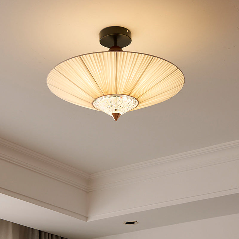 Traditional Chinese Round Hardware Fabric Crystal 3/4-Light Semi-Flush Mount Ceiling Light For Bedroom