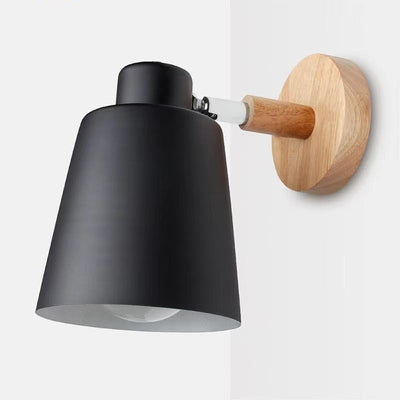 Contemporary Scandinavian Cylindrical Iron Wood 1-Light Wall Sconce Lamp For Bedroom