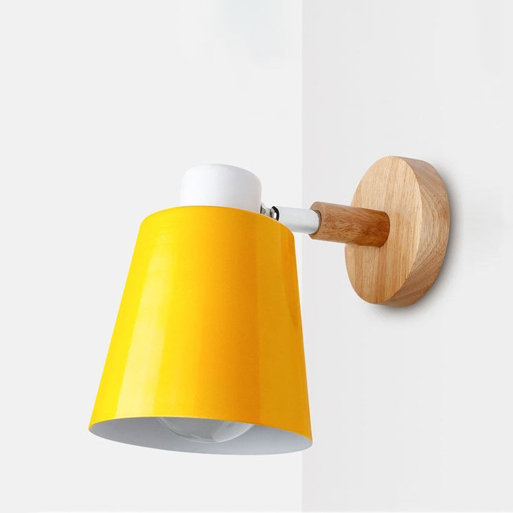 Contemporary Scandinavian Cylindrical Iron Wood 1-Light Wall Sconce Lamp For Bedroom