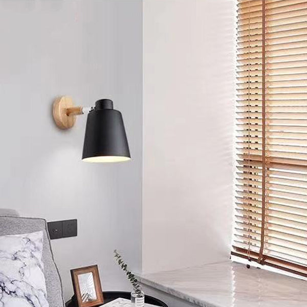 Contemporary Scandinavian Cylindrical Iron Wood 1-Light Wall Sconce Lamp For Bedroom