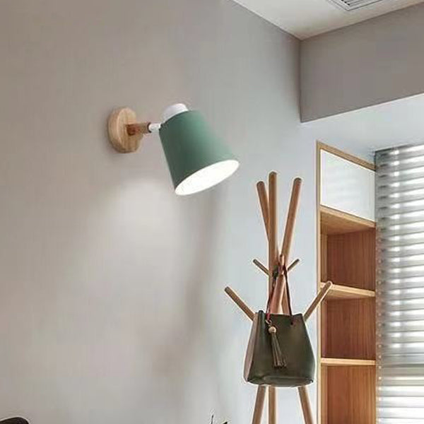 Contemporary Scandinavian Cylindrical Iron Wood 1-Light Wall Sconce Lamp For Bedroom