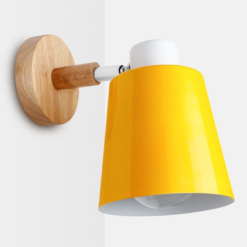 Contemporary Scandinavian Cylindrical Iron Wood 1-Light Wall Sconce Lamp For Bedroom