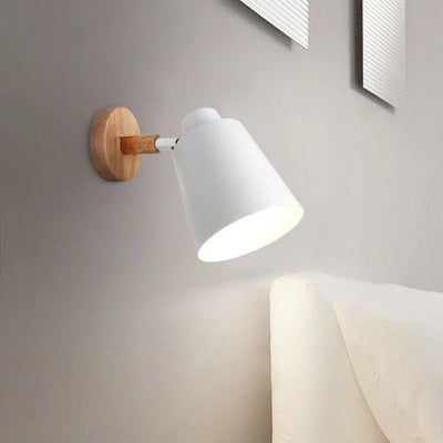 Contemporary Scandinavian Cylindrical Iron Wood 1-Light Wall Sconce Lamp For Bedroom