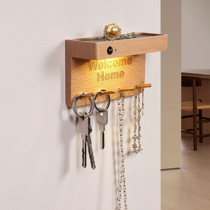 Moderne minimalistische Wandleuchte aus massivem Holz und Kunststoff mit rechteckigem LED für den Eingangsbereich 