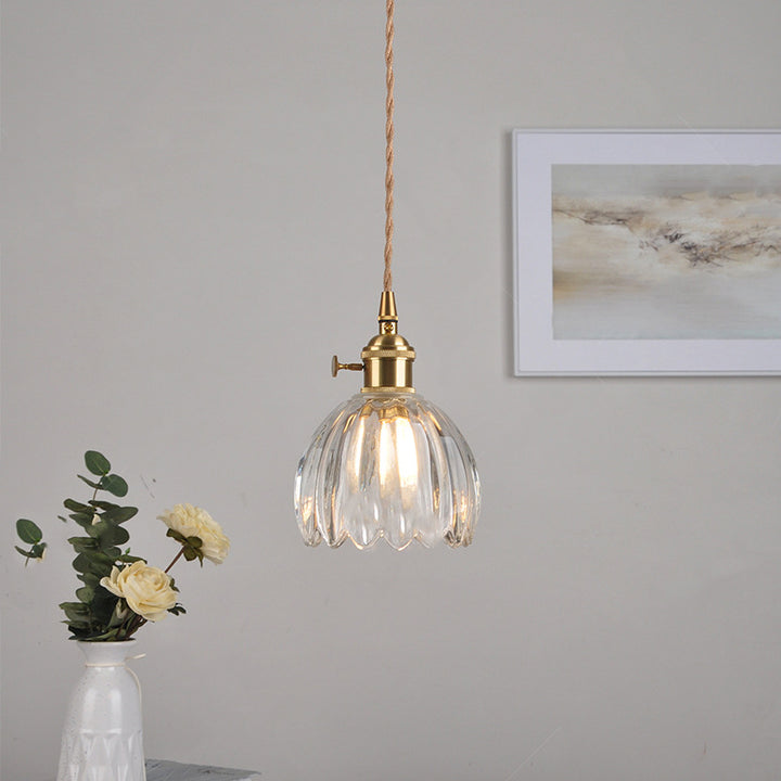 Traditional Vintage Floral Glass Copper 1-Light Pendant Light For Dining Room