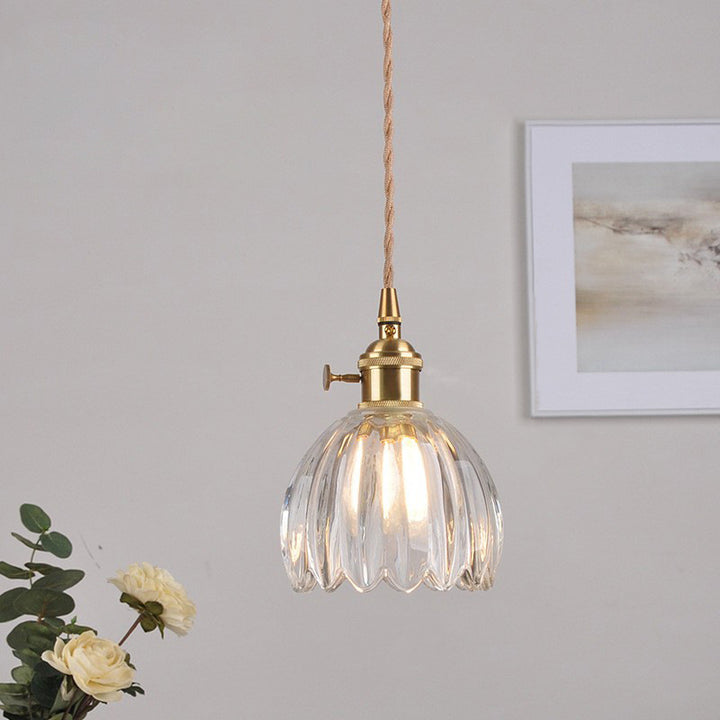 Traditional Vintage Floral Glass Copper 1-Light Pendant Light For Dining Room