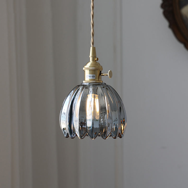 Traditional Vintage Floral Glass Copper 1-Light Pendant Light For Dining Room