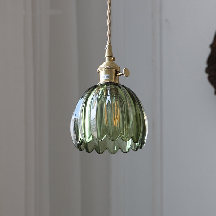 Traditional Vintage Floral Glass Copper 1-Light Pendant Light For Dining Room
