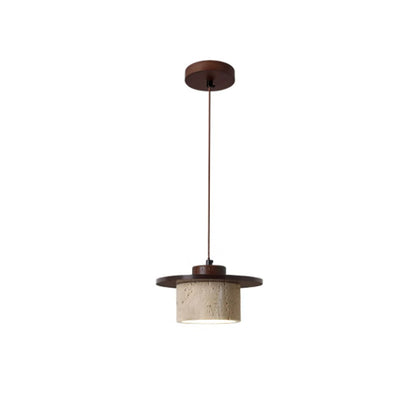Modern Minimalist Cylindrical Yellow Travertine Solid Wood 1-Light Pendant Light For Bedroom