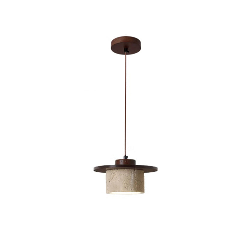 Modern Minimalist Cylindrical Yellow Travertine Solid Wood 1-Light Pendant Light For Bedroom
