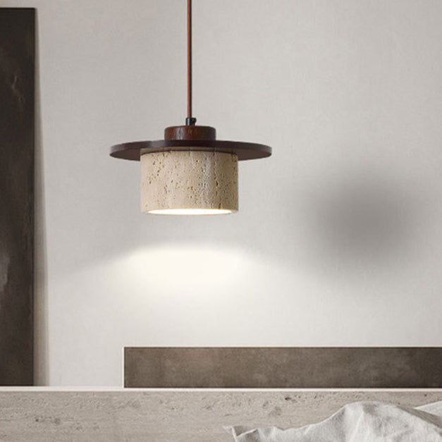 Modern Minimalist Cylindrical Yellow Travertine Solid Wood 1-Light Pendant Light For Bedroom