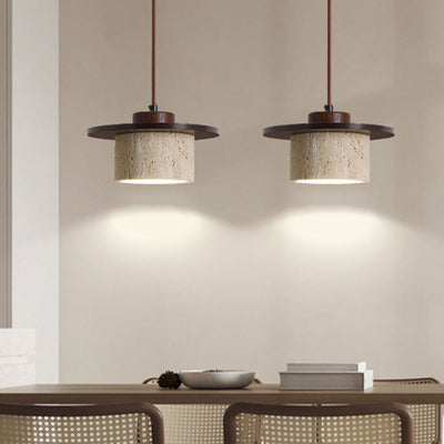 Modern Minimalist Cylindrical Yellow Travertine Solid Wood 1-Light Pendant Light For Bedroom