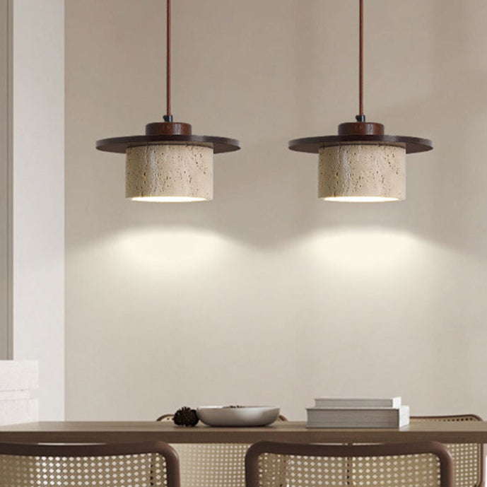 Modern Minimalist Cylindrical Yellow Travertine Solid Wood 1-Light Pendant Light For Bedroom