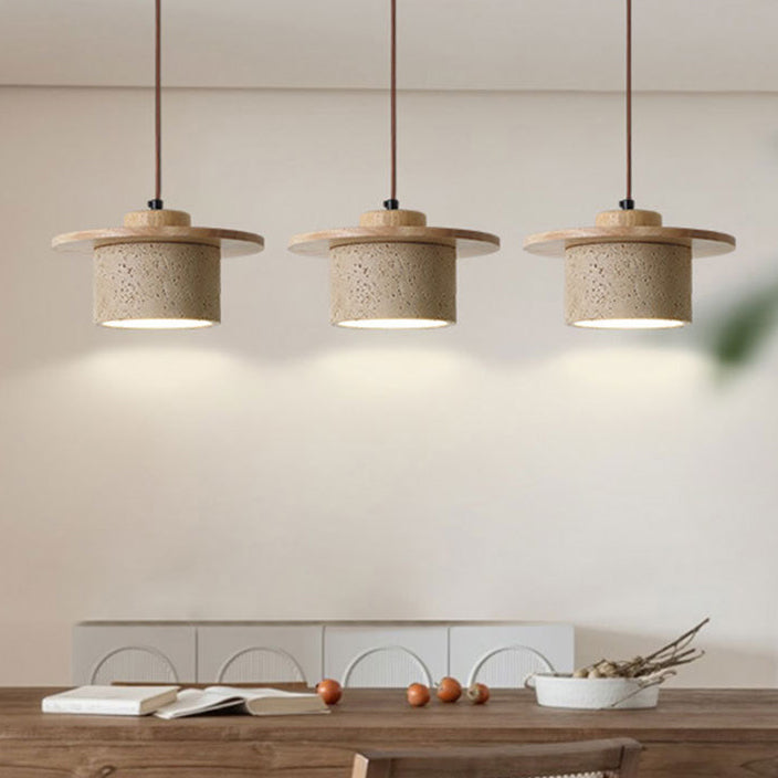 Modern Minimalist Cylindrical Yellow Travertine Solid Wood 1-Light Pendant Light For Bedroom