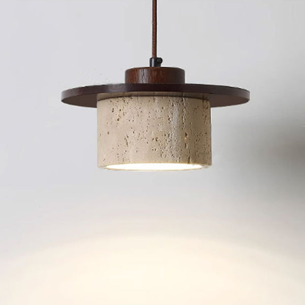Modern Minimalist Cylindrical Yellow Travertine Solid Wood 1-Light Pendant Light For Bedroom