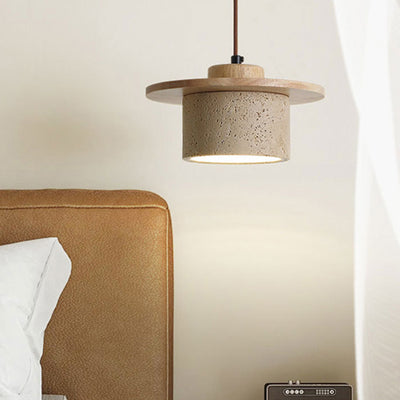 Modern Minimalist Cylindrical Yellow Travertine Solid Wood 1-Light Pendant Light For Bedroom
