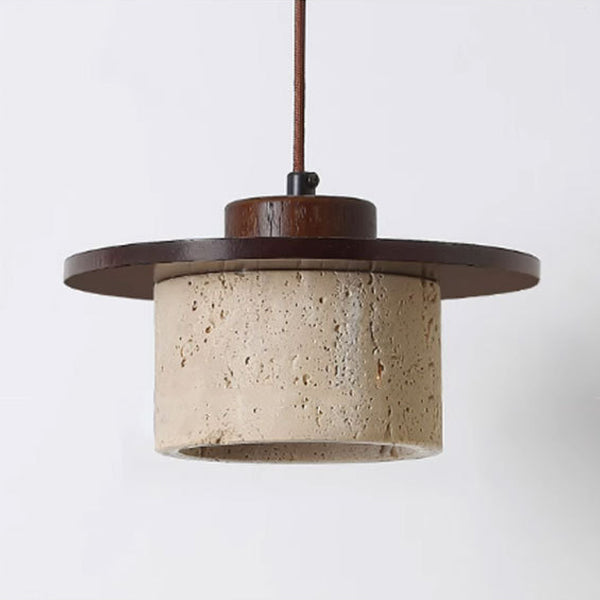 Modern Minimalist Cylindrical Yellow Travertine Solid Wood 1-Light Pendant Light For Bedroom