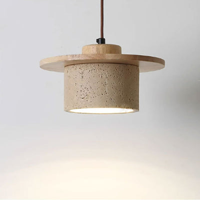 Modern Minimalist Cylindrical Yellow Travertine Solid Wood 1-Light Pendant Light For Bedroom