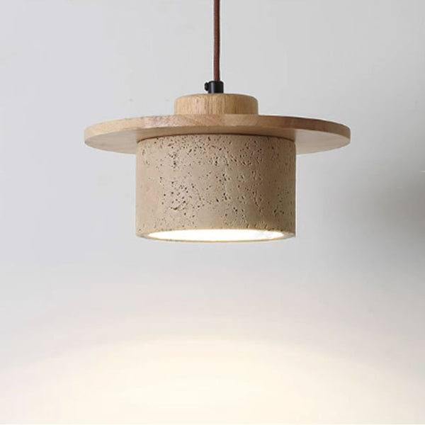 Modern Minimalist Cylindrical Yellow Travertine Solid Wood 1-Light Pendant Light For Bedroom