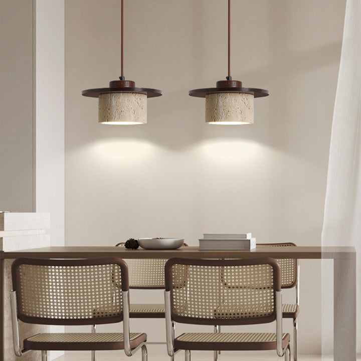 Moderne minimalistische zylindrische gelbe Travertin-Massivholz-1-Licht-Pendelleuchte für das Schlafzimmer 