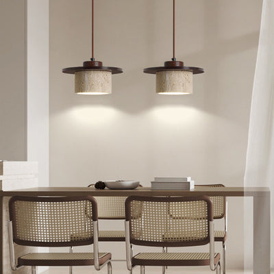 Modern Minimalist Cylindrical Yellow Travertine Solid Wood 1-Light Pendant Light For Bedroom