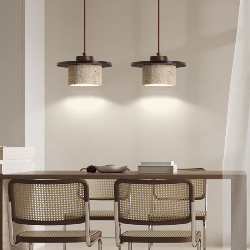 Modern Minimalist Cylindrical Yellow Travertine Solid Wood 1-Light Pendant Light For Bedroom