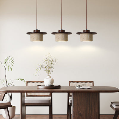 Modern Minimalist Cylindrical Yellow Travertine Solid Wood 1-Light Pendant Light For Bedroom