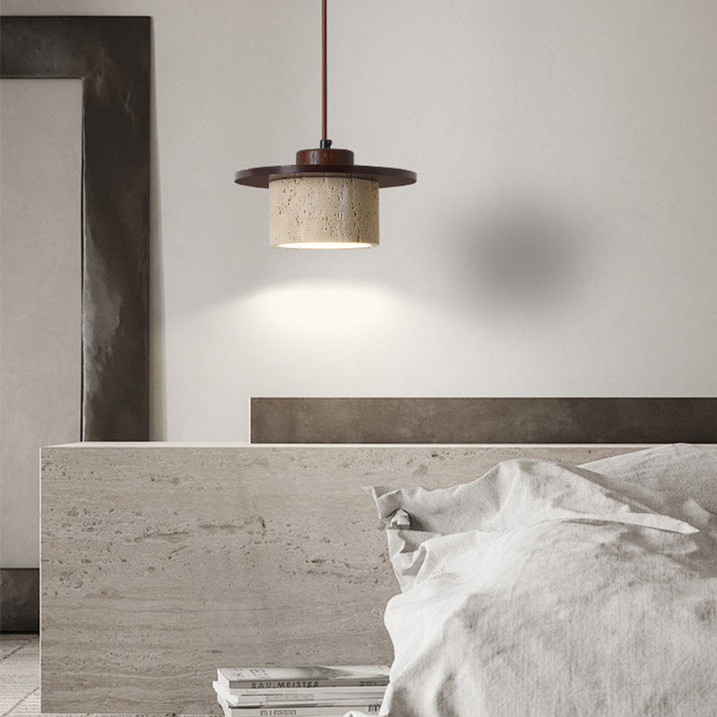 Modern Minimalist Cylindrical Yellow Travertine Solid Wood 1-Light Pendant Light For Bedroom