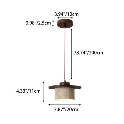 Modern Minimalist Cylindrical Yellow Travertine Solid Wood 1-Light Pendant Light For Bedroom