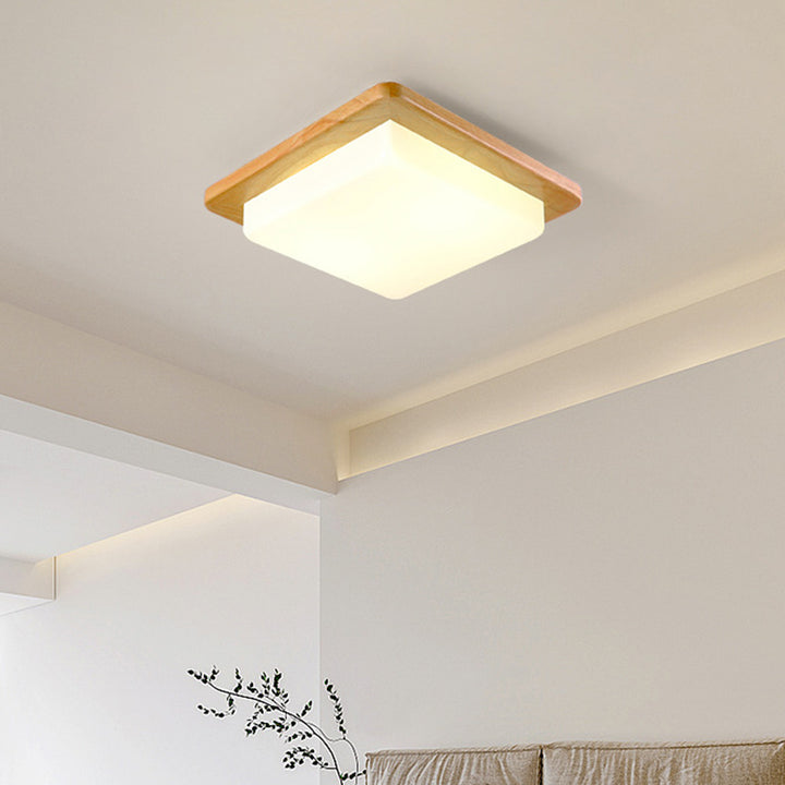 Contemporary Scandinavian Square Wood Acrylic LED Flush Mount Ceiling Light For Bedroom