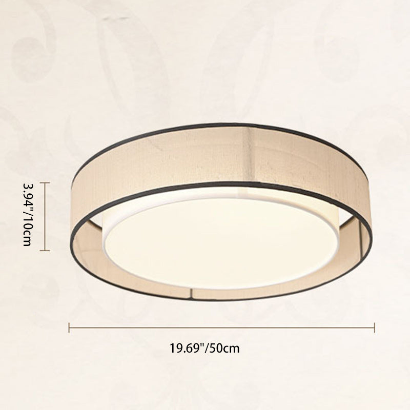 Traditional Chinese Round Iron Acrylic Fabric LED Flush Mount Ceiling Light For Living Room