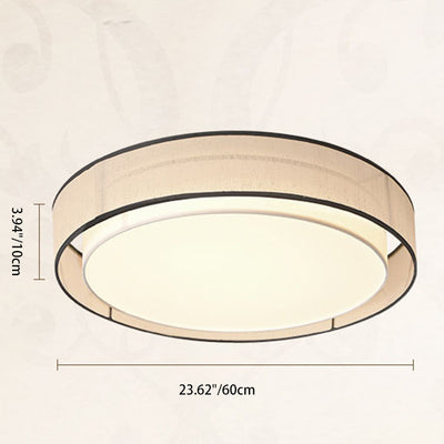 Traditional Chinese Round Iron Acrylic Fabric LED Flush Mount Ceiling Light For Living Room