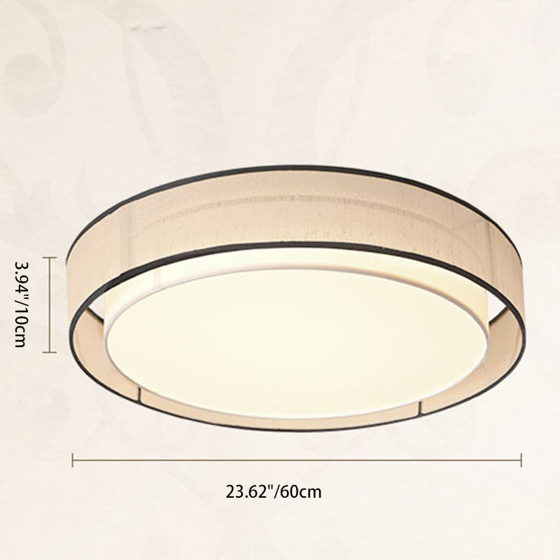 Traditional Chinese Round Iron Acrylic Fabric LED Flush Mount Ceiling Light For Living Room