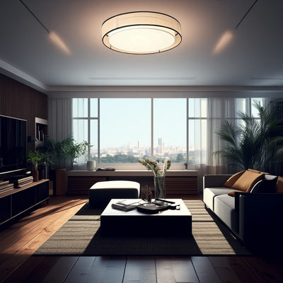Traditional Chinese Round Iron Acrylic Fabric LED Flush Mount Ceiling Light For Living Room