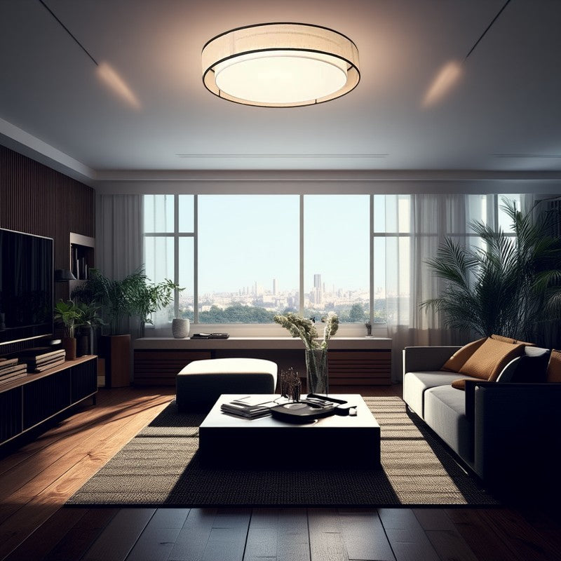 Traditional Chinese Round Iron Acrylic Fabric LED Flush Mount Ceiling Light For Living Room