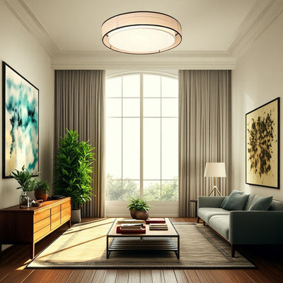 Traditional Chinese Round Iron Acrylic Fabric LED Flush Mount Ceiling Light For Living Room