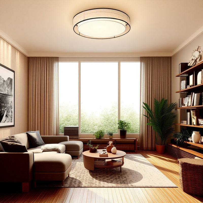 Traditional Chinese Round Iron Acrylic Fabric LED Flush Mount Ceiling Light For Living Room