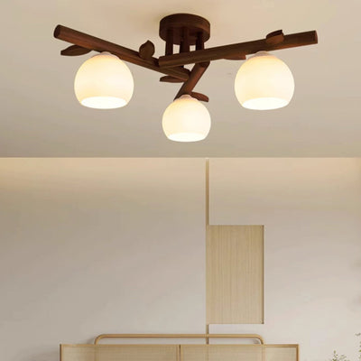 Traditioneller japanischer runder Fächer Holz Glas 3/5/8 Licht Semi-Flush Mount Deckenleuchte für Wohnzimmer 