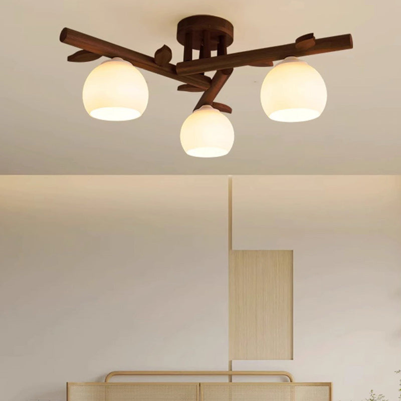 Traditioneller japanischer runder Fächer Holz Glas 3/5/8 Licht Semi-Flush Mount Deckenleuchte für Wohnzimmer 